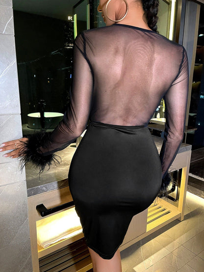 Mesh Sleeve Feather Cuff Bust Cutout Ruched Bodycon Mini Dress