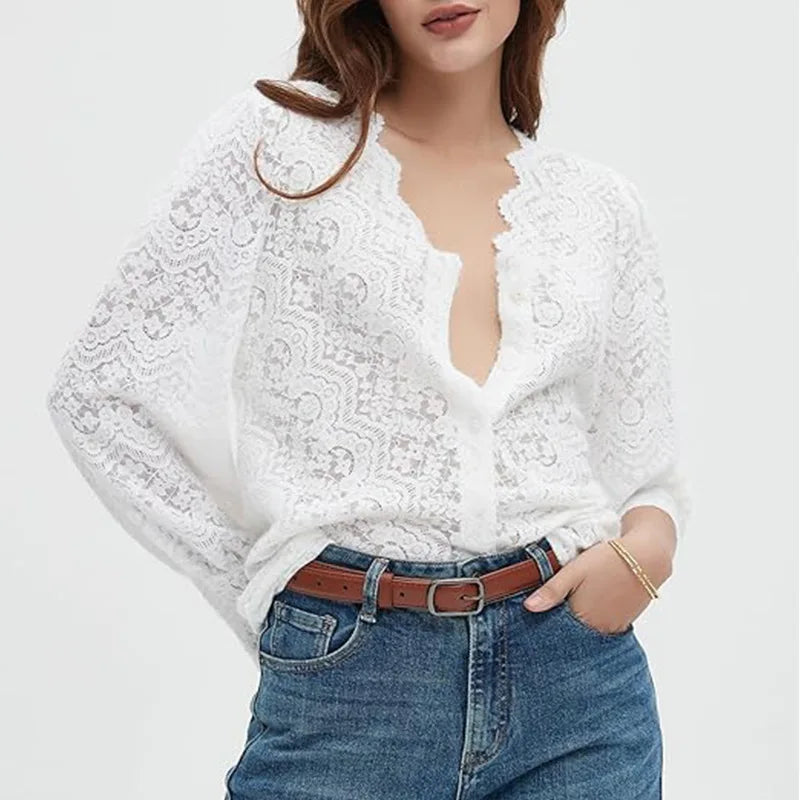 Lace V-Neck Floral Vintage Elegant Long Sleeve Boho Blouse