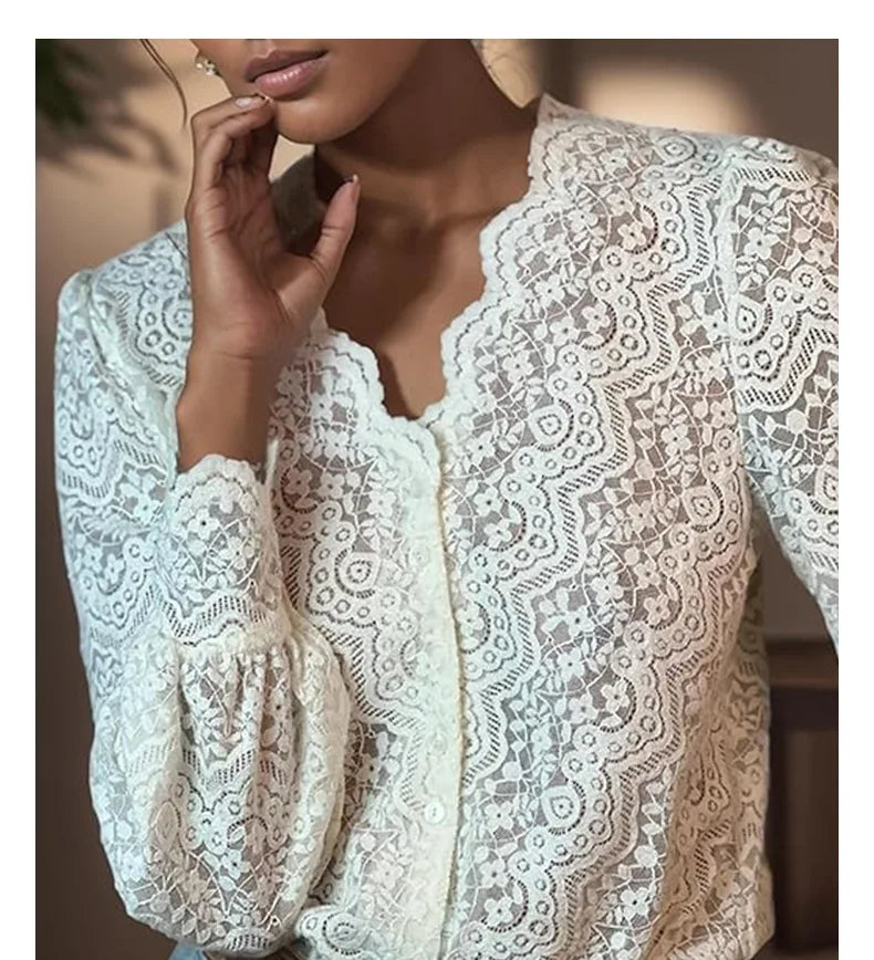 Lace V-Neck Floral Vintage Elegant Long Sleeve Boho Blouse
