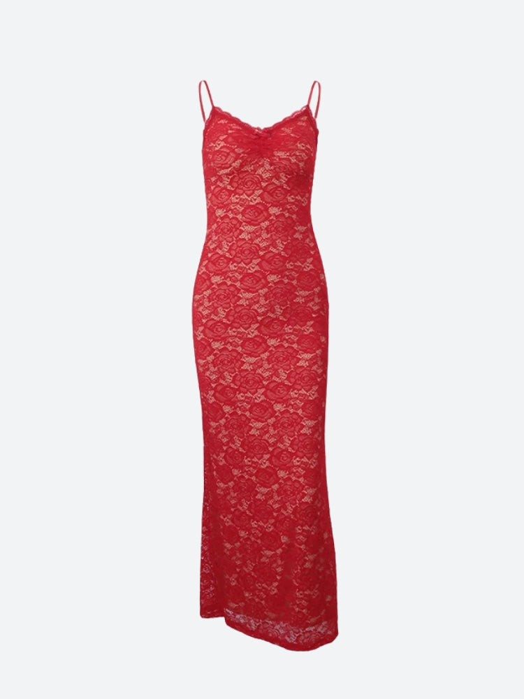 Floral Lace Scalloped Plunge Spaghetti Strap Bodycon Maxi Dress
