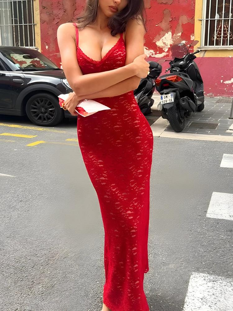 Floral Lace Scalloped Plunge Spaghetti Strap Bodycon Maxi Dress