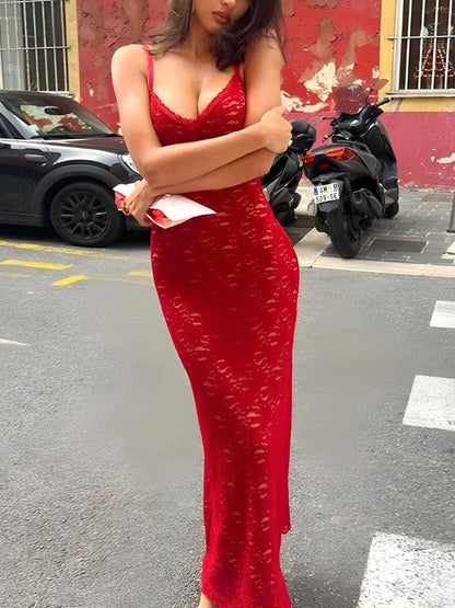 Floral Lace Scalloped Plunge Spaghetti Strap Bodycon Maxi Dress