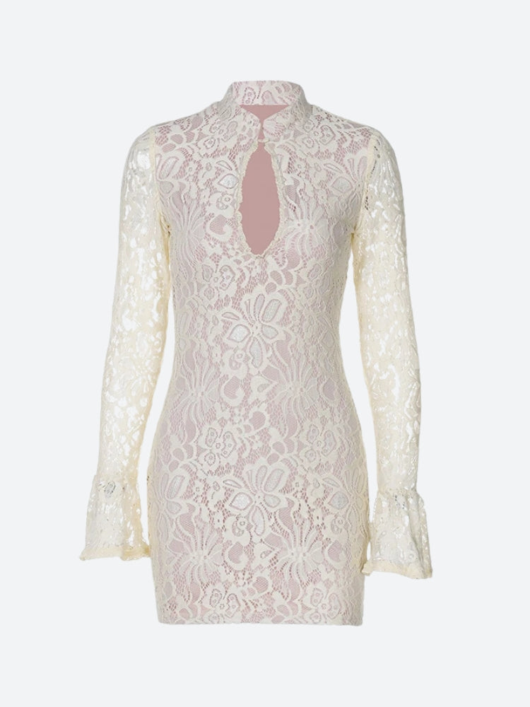 Floral Lace Mandarin Collar Keyhole Plunge Bell Sleeve Bodycon Mini Dress