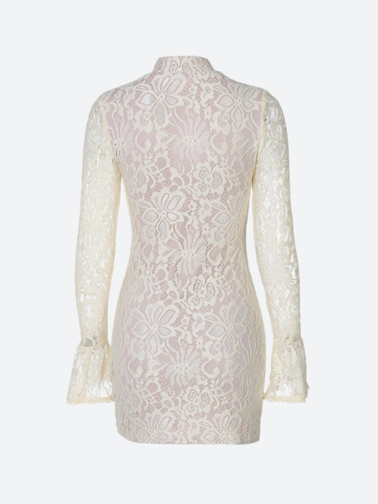 Floral Lace Mandarin Collar Keyhole Plunge Bell Sleeve Bodycon Mini Dress