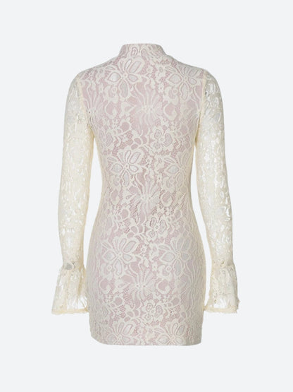 Floral Lace Mandarin Collar Keyhole Plunge Bell Sleeve Bodycon Mini Dress