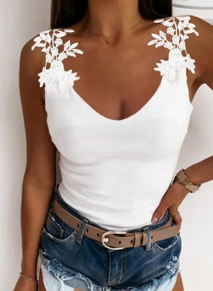 Hollow Lace Petal V-Neck Oversize Casual Slim Fit Tank Top