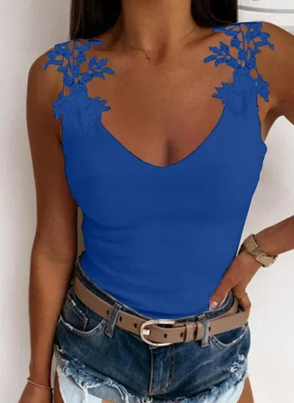 Hollow Lace Petal V-Neck Oversize Casual Slim Fit Tank Top