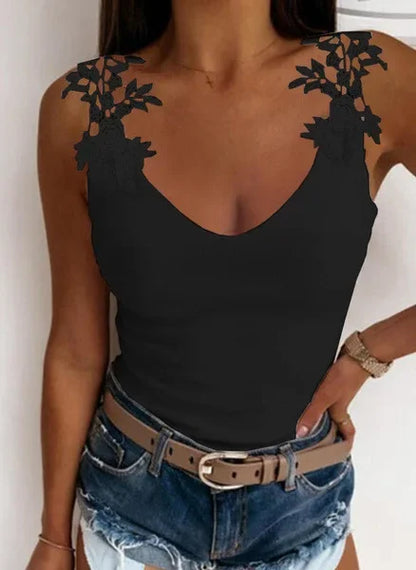 Hollow Lace Petal V-Neck Oversize Casual Slim Fit Tank Top