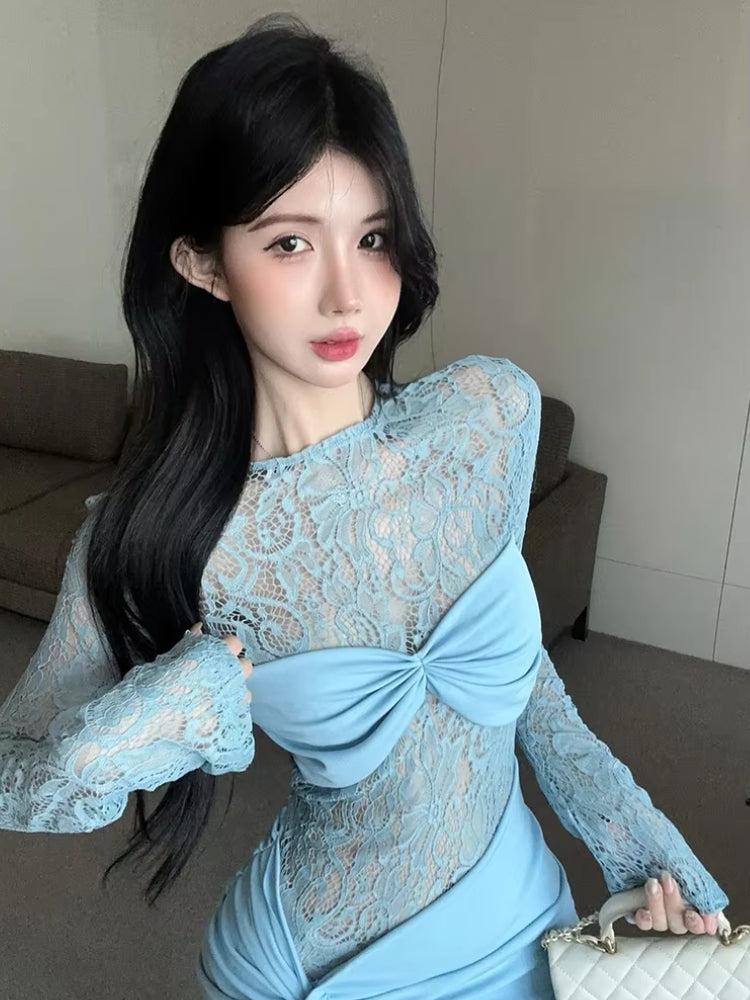 Floral Lace Twist Front Ruched Overlay Draped Sash Bodycon Mini Dress