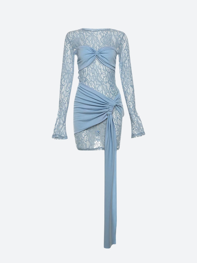 Floral Lace Twist Front Ruched Overlay Draped Sash Bodycon Mini Dress
