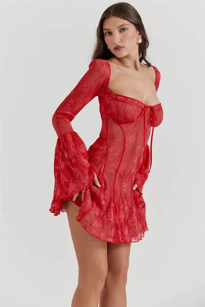 Lace Corset Sweetheart Tie Front Bell Sleeve Ruffle Hem Mini Dress