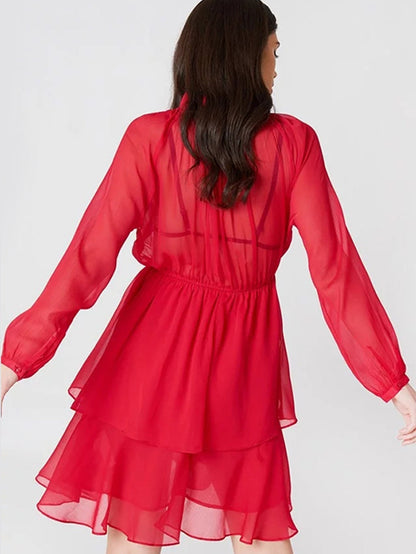 Sheer Ruffle Tie Neck Puff Sleeve Smocked Waist Tiered Mini Dress