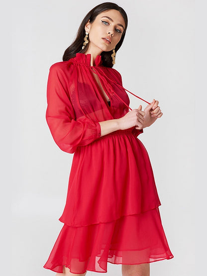 Sheer Ruffle Tie Neck Puff Sleeve Smocked Waist Tiered Mini Dress