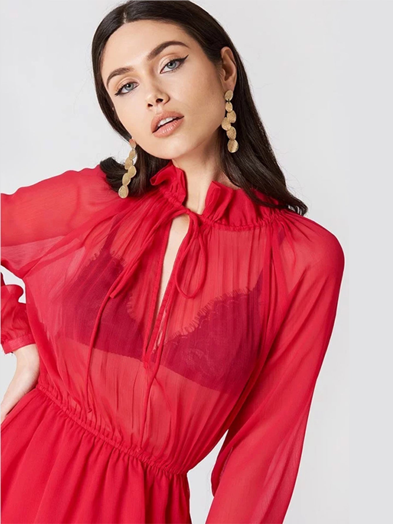 Sheer Ruffle Tie Neck Puff Sleeve Smocked Waist Tiered Mini Dress