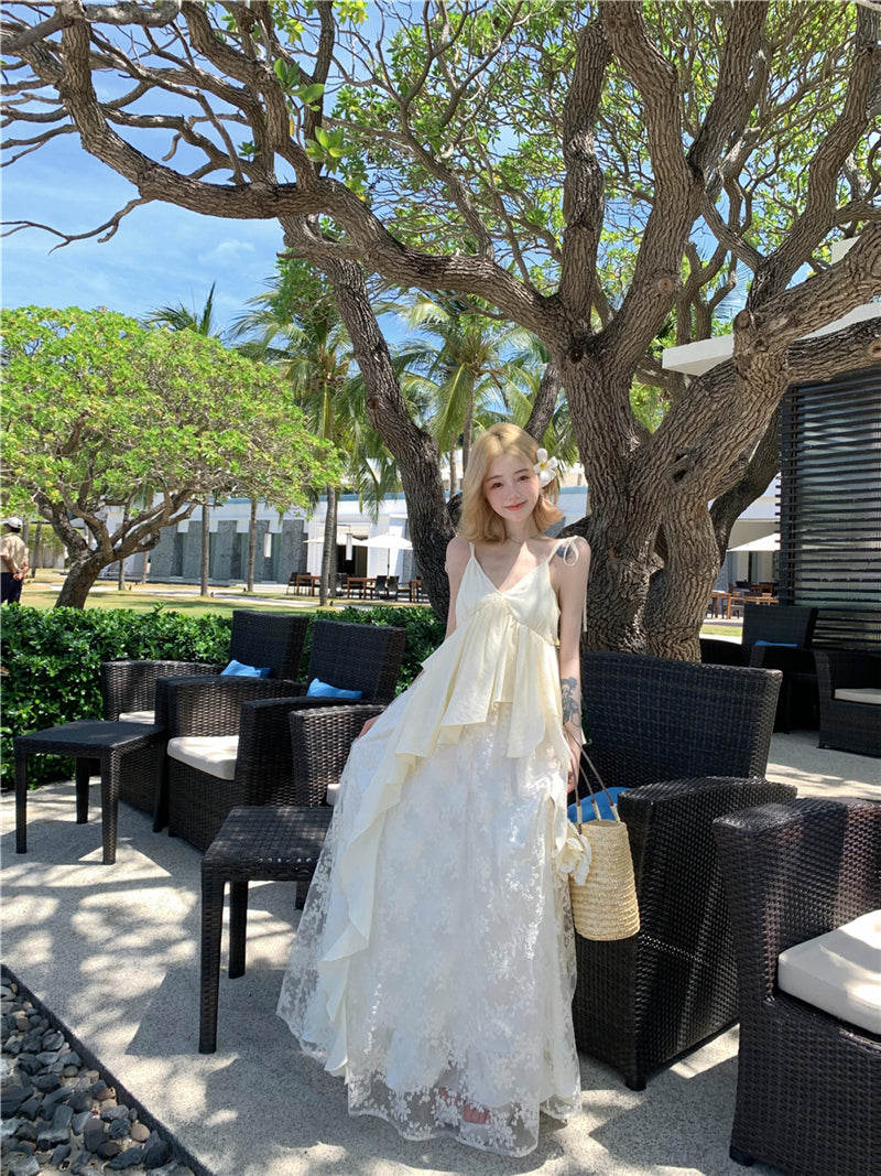 Lace Patchwork Layered Maxi Dress Ethereal Boho Beach Gown