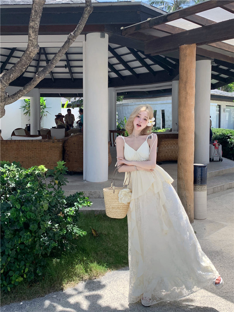 Lace Patchwork Layered Maxi Dress Ethereal Boho Beach Gown