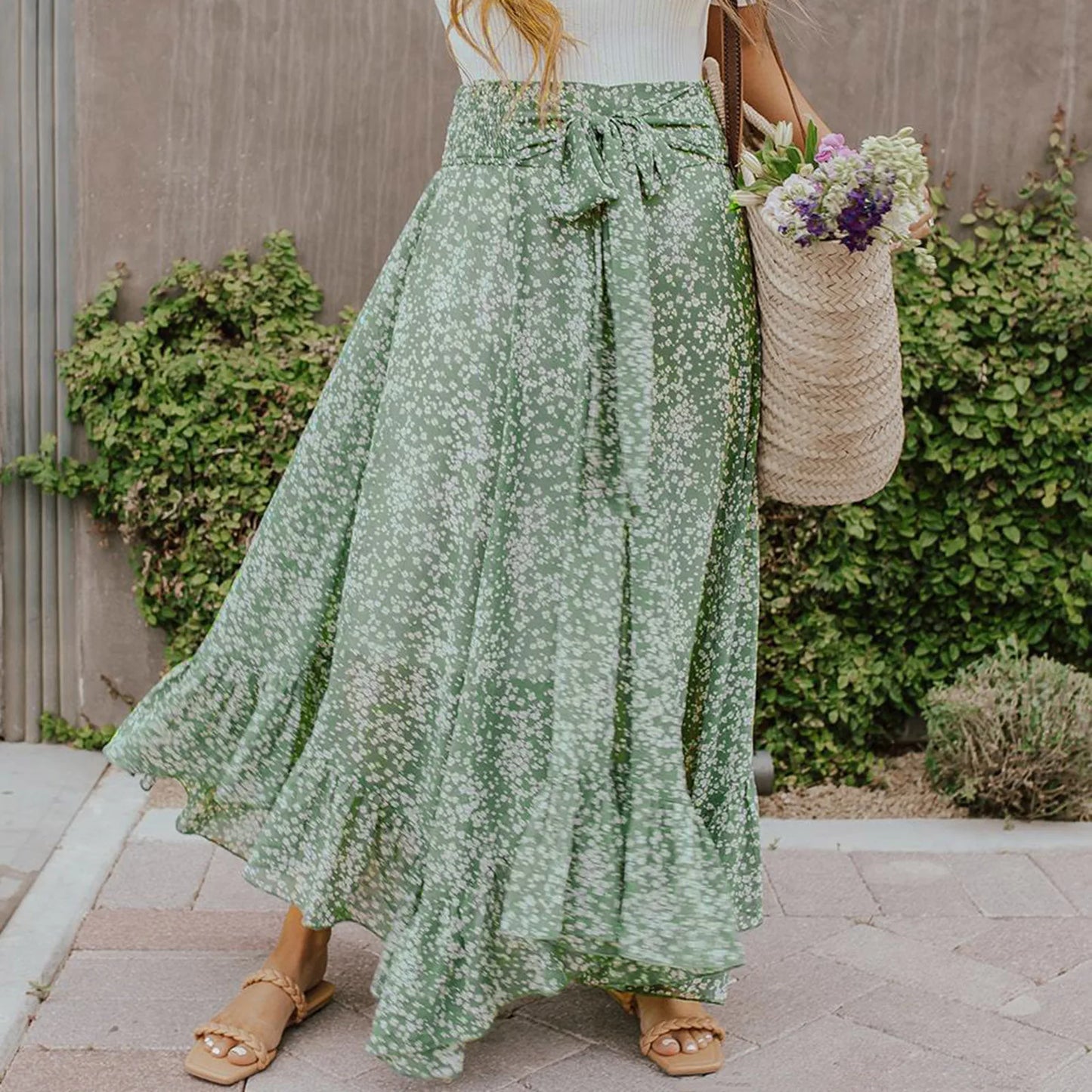 Small Floral Ruffle Korean Style High Waist Swing Long Skirt