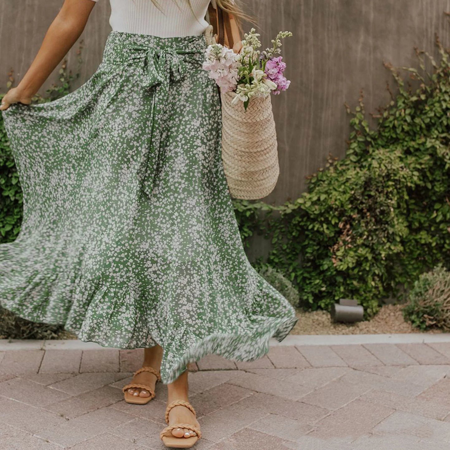 Small Floral Ruffle Korean Style High Waist Swing Long Skirt