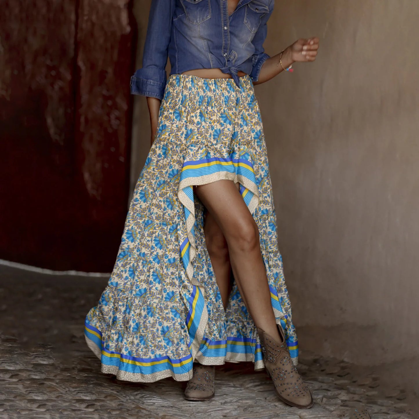 Cotton Floral Print Streetwear Pleated Skirt