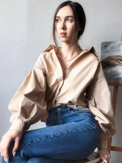 Lantern Sleeve Button Collar Blouse