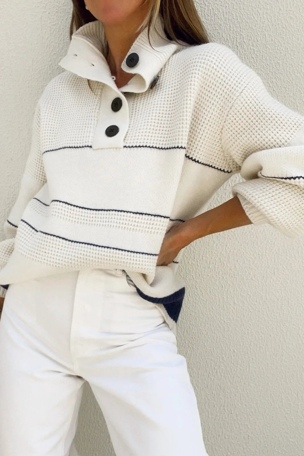 Lalie Open Collar Button Up Knit Top