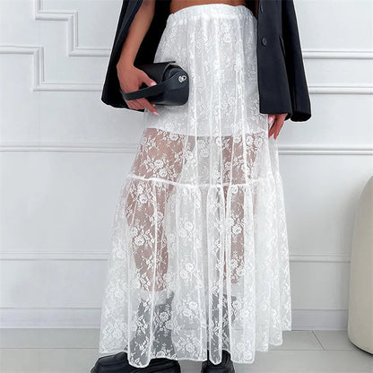 See Through Floral Lace Elastic High Waist A-Line Long Skirt Vacation Party