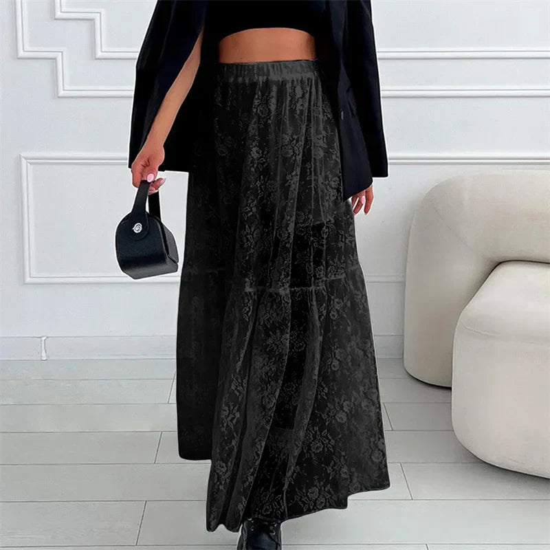 See Through Floral Lace Elastic High Waist A-Line Long Skirt Vacation Party