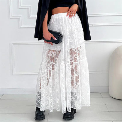 See Through Floral Lace Elastic High Waist A-Line Long Skirt Vacation Party