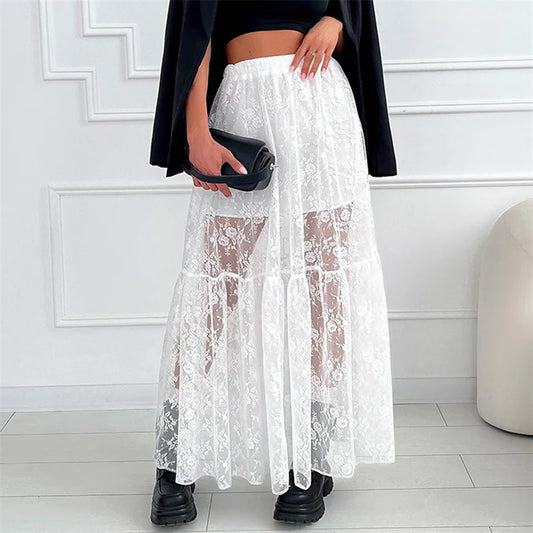 See Through Floral Lace Elastic High Waist A-Line Long Skirt Vacation Party
