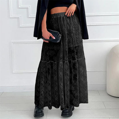 See Through Floral Lace Elastic High Waist A-Line Long Skirt Vacation Party
