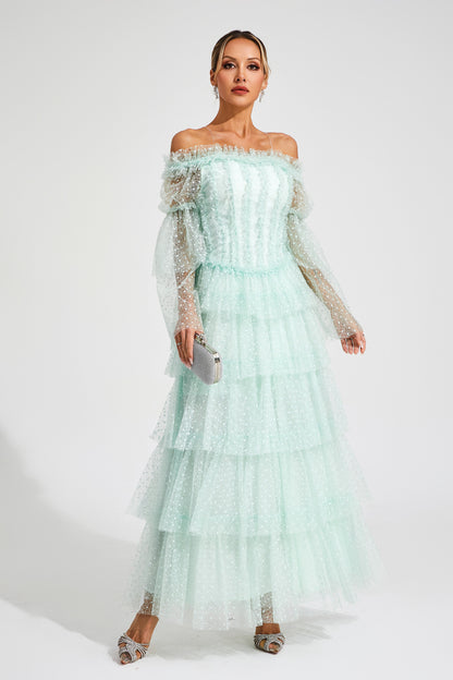 Landon Green Mesh Tiered Dress