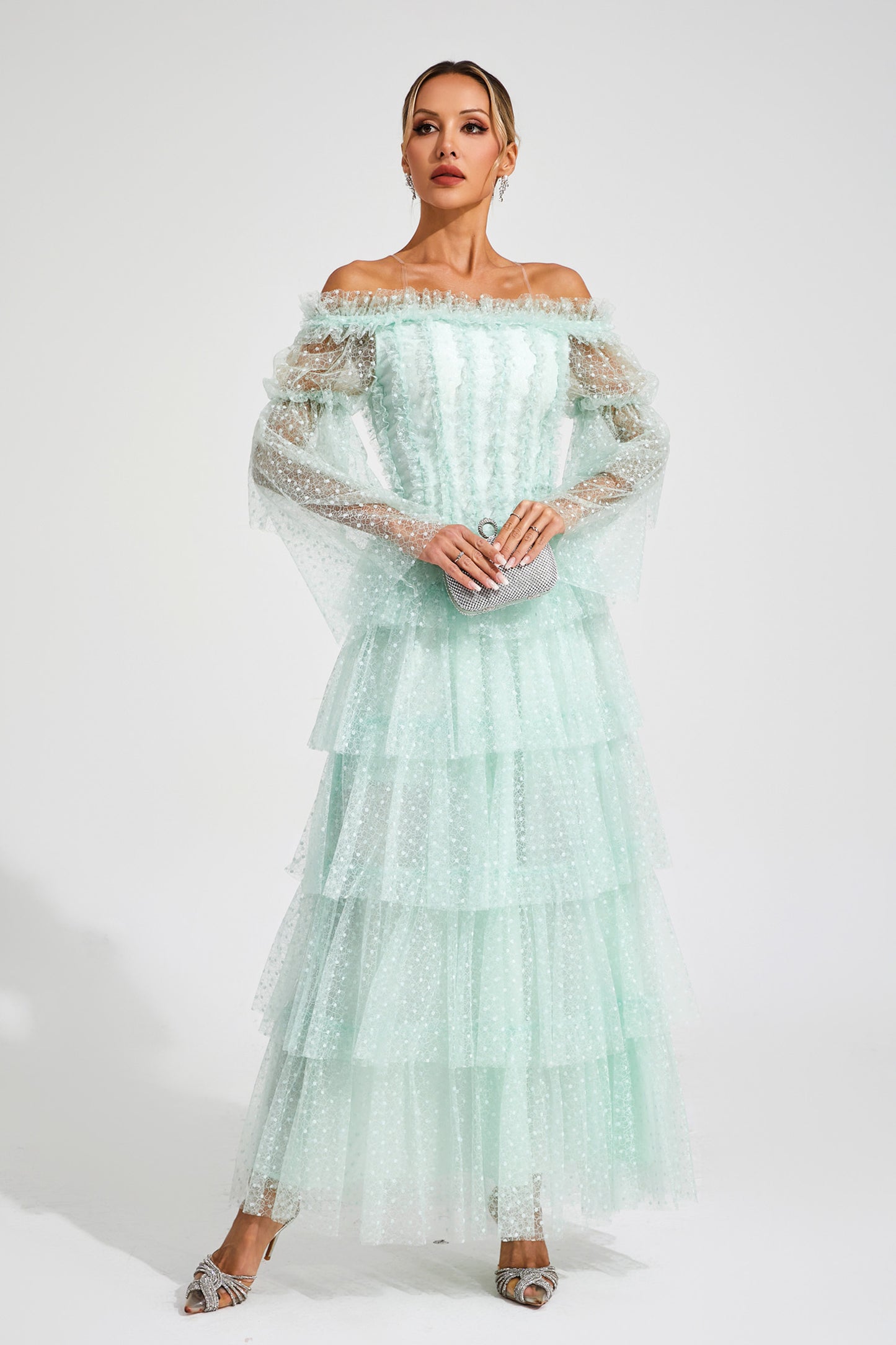 Landon Green Mesh Tiered Dress