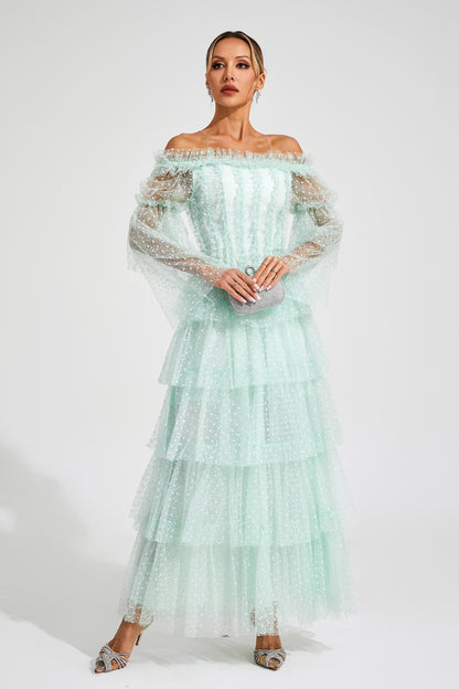Landon Green Mesh Tiered Dress
