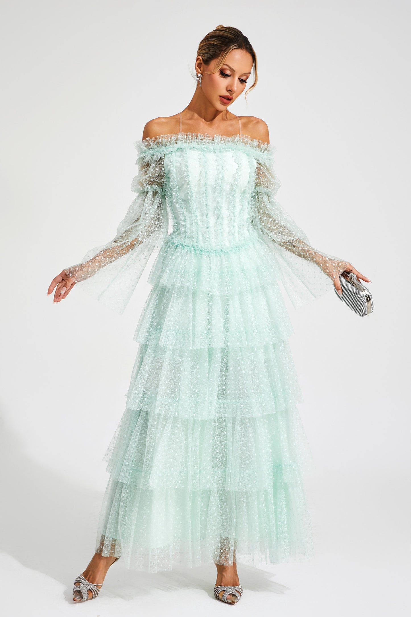 Landon Green Mesh Tiered Dress