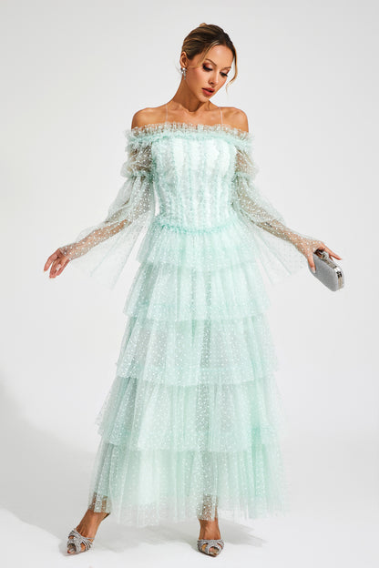 Landon Green Mesh Tiered Dress