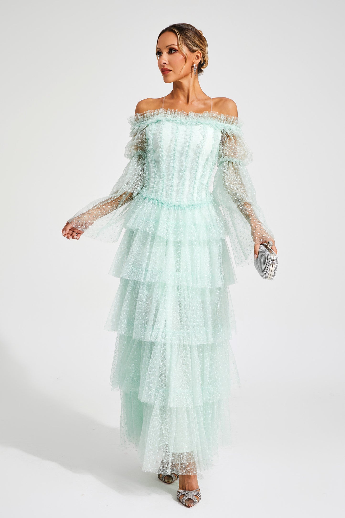 Landon Green Mesh Tiered Dress