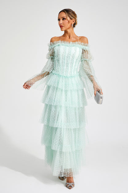 Landon Green Mesh Tiered Dress