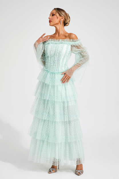 Landon Green Mesh Tiered Dress
