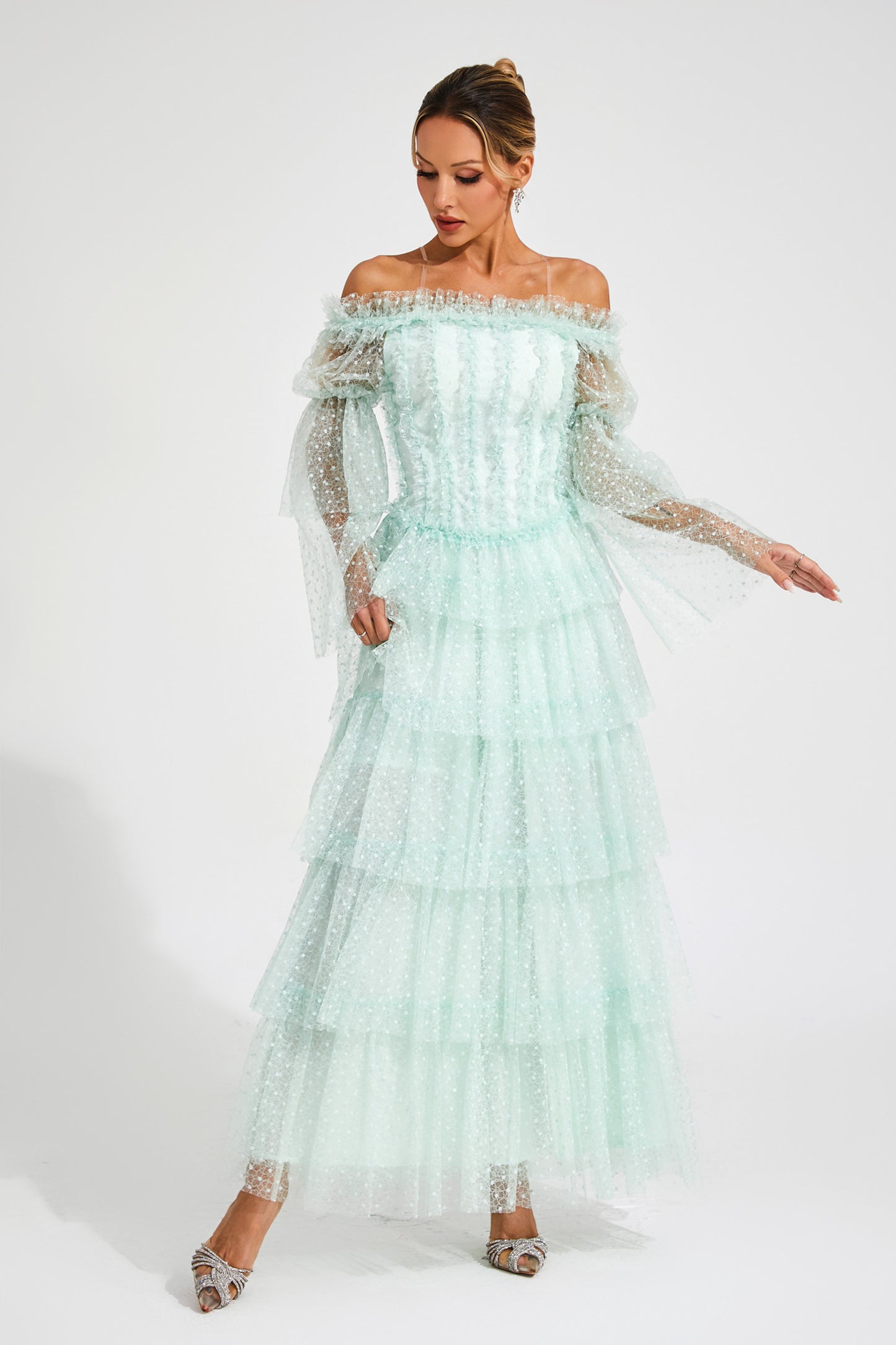Landon Green Mesh Tiered Dress