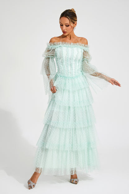 Landon Green Mesh Tiered Dress