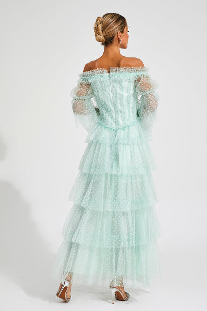Landon Green Mesh Tiered Dress
