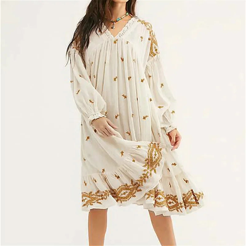 Lantern Long Sleeve Cotton Rayon Embroidery Dress
