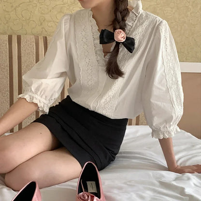 Lantern Sleeve Ruffles V-Neck Cotton Boho Office Blouse