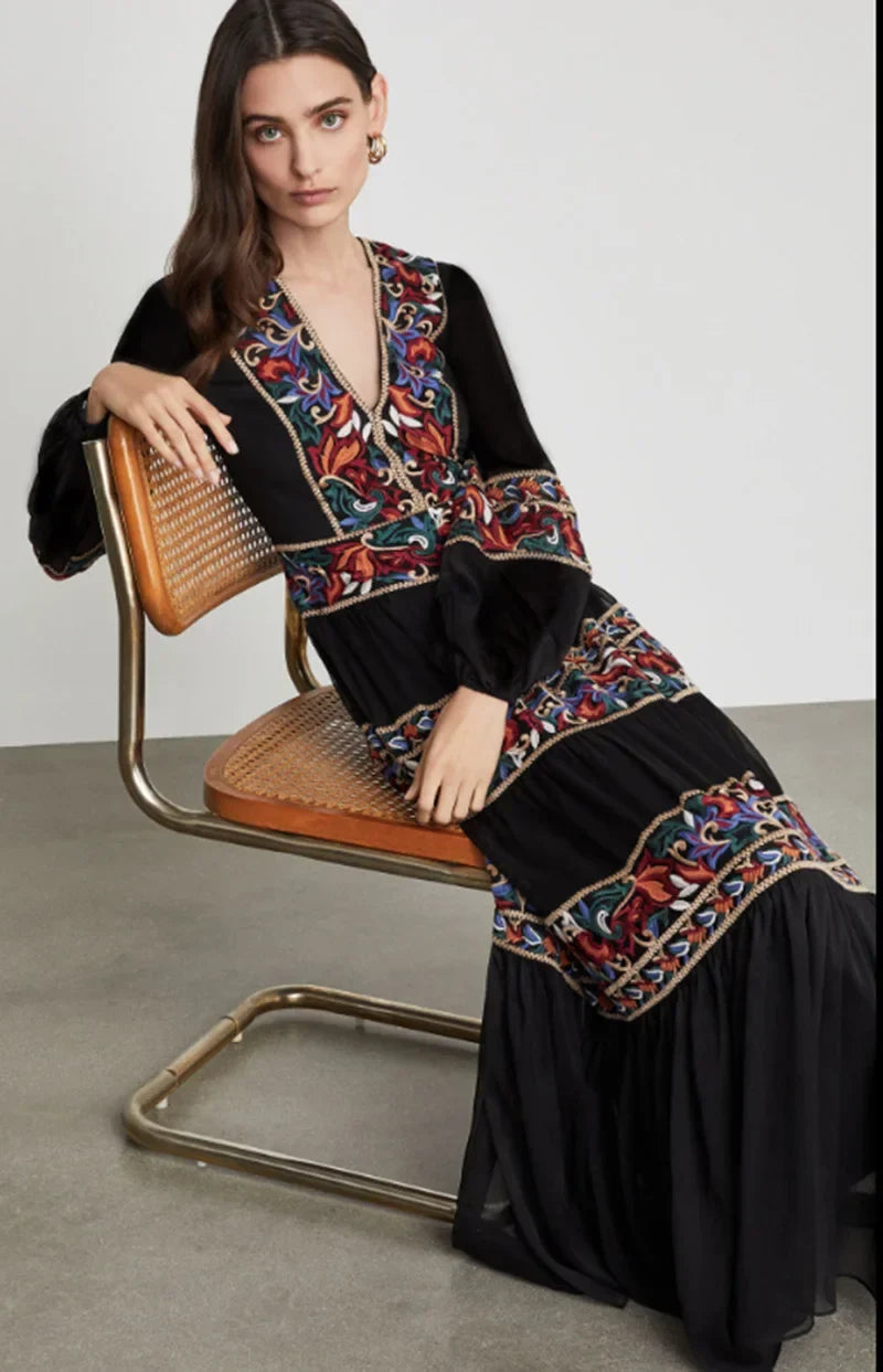 Lantern Long Sleeve V-neck Maxi Dress