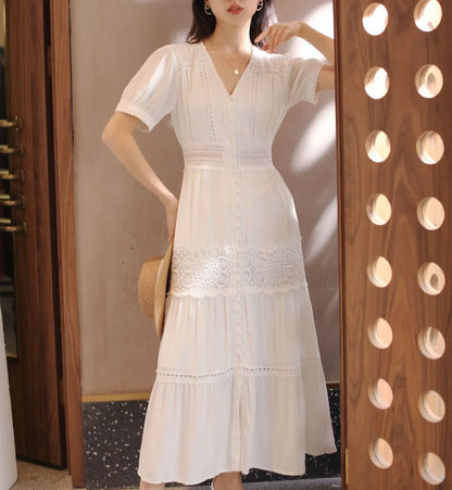 Lantern Sleeve Cotton Rayon Lace Splice Long Dress Vintage White V-neck