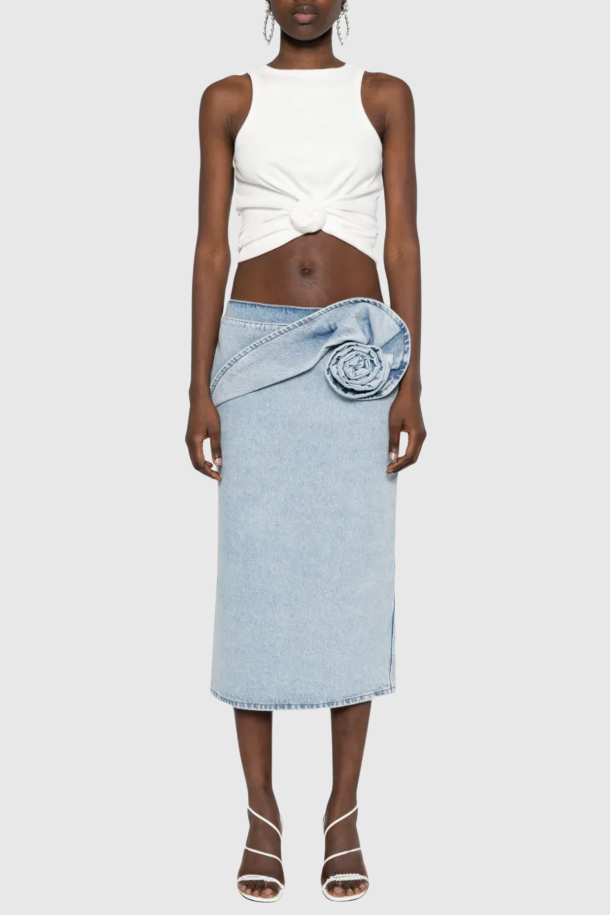 Laundra Floral Appliqué Denim Midi Skirt