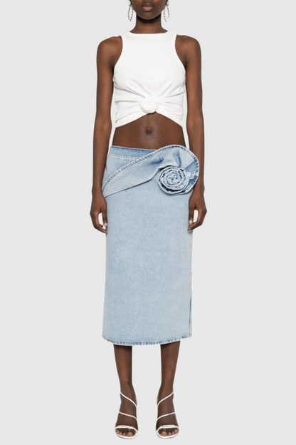 Laundra Floral Appliqué Denim Midi Skirt
