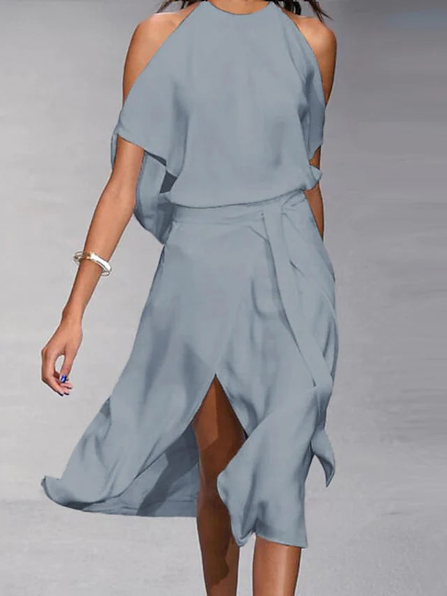 Halter Neck Drape Shoulder Tie Waist Wrap Midi Dress