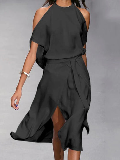 Halter Neck Drape Shoulder Tie Waist Wrap Midi Dress