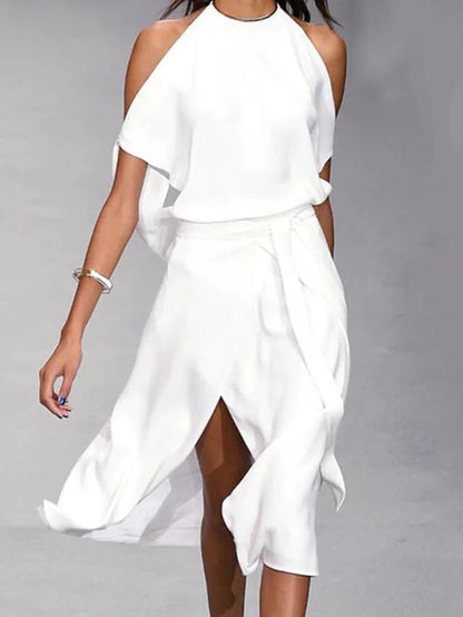 Halter Neck Drape Shoulder Tie Waist Wrap Midi Dress